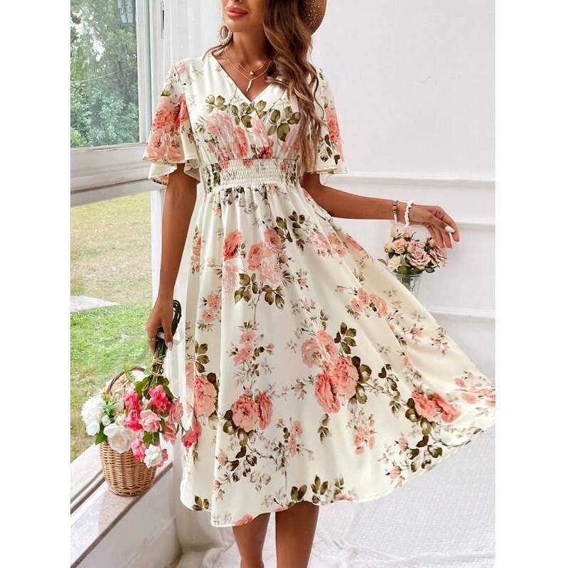Breezaya Floral Print Women's Spring And Summer Dress - V-Neck Wrap Design, Wais